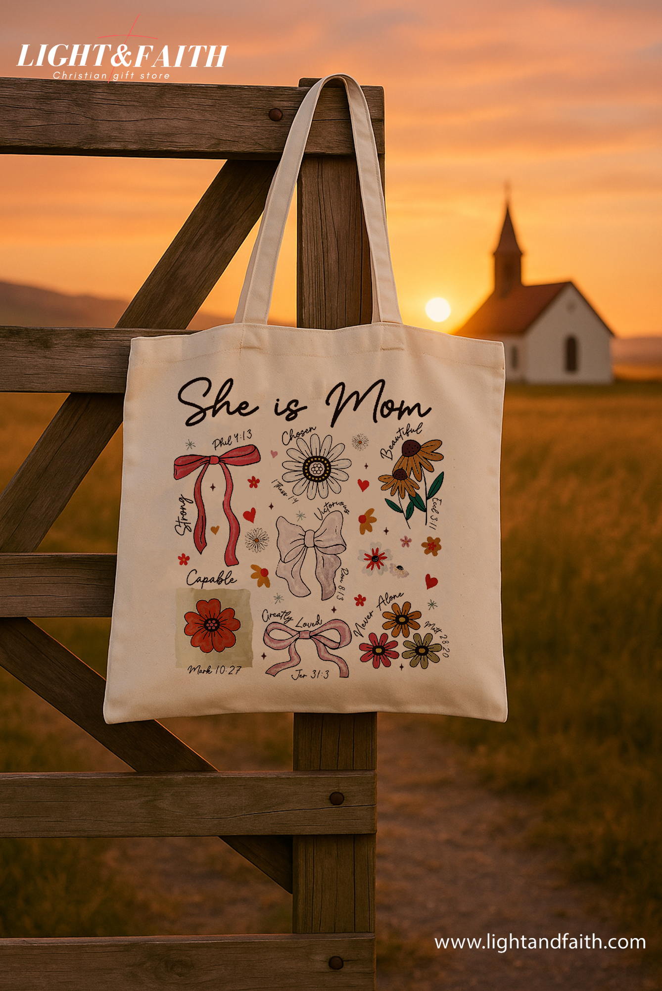 She Is Mom Tote Bag, Christian Bible Verse Flower Tote, Mother's Day Faith Gift, Inspirational Scripture Canvas Bag for Mom, Church Tote TBLAF51