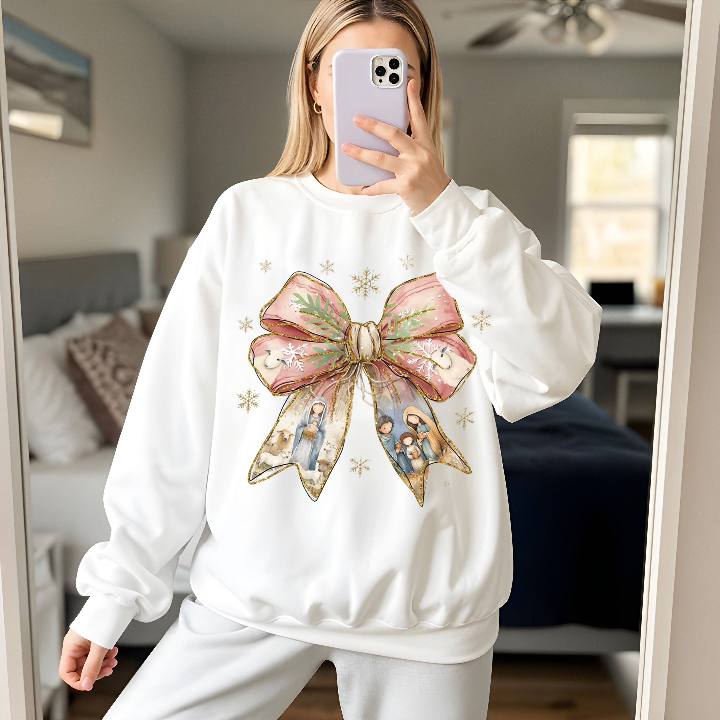 Nativity Bow Christmas Sweatshirt, Christian Holiday Pullover, Religious Crewneck with Manger Scene and Festive Ribbon