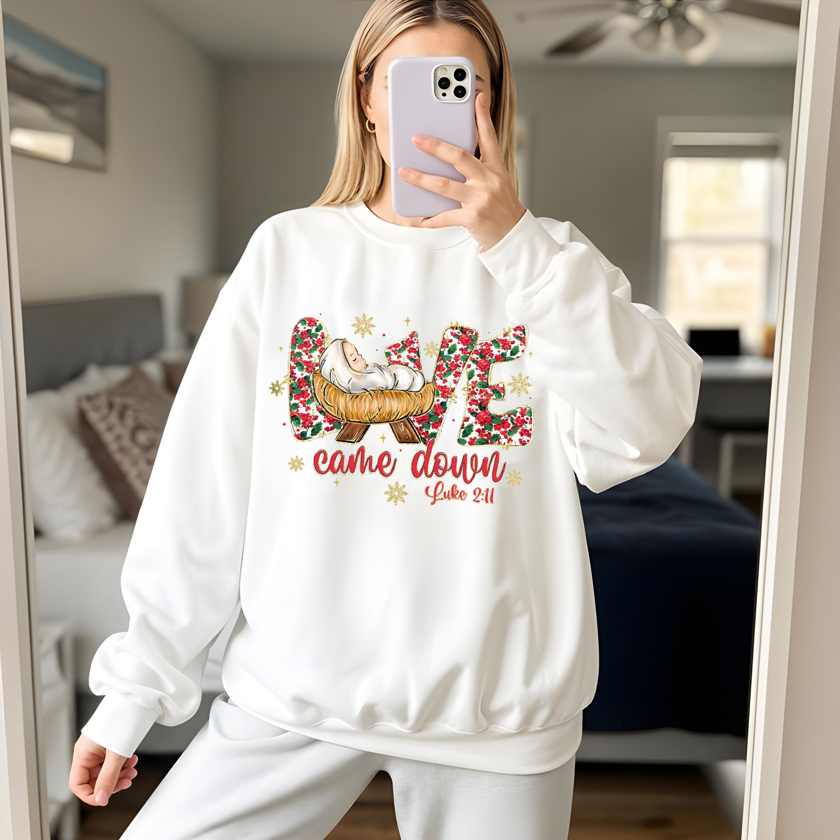 Love Came Down Christmas Sweatshirt, Luke 2:11 Bible Verse Pullover, Christian Nativity Baby Jesus Holiday Crewneck