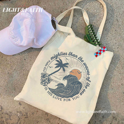 Mightier Than the Waves Tote Bag, Psalm 93:4 Christian Beach Bag, Bible Verse Canvas Tote, Faith Quote Gift, Ocean Scripture Tote Bag TBLAF53