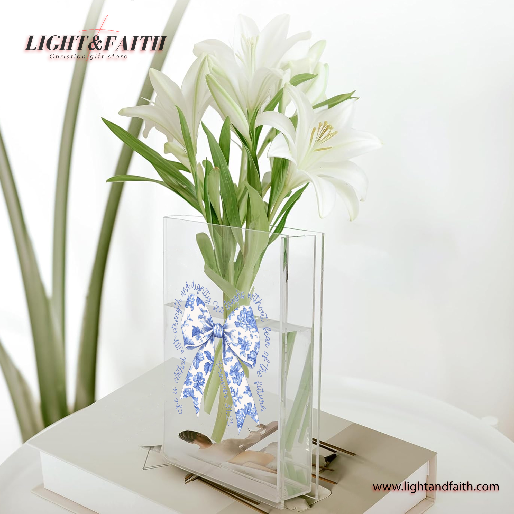 Coquette Christian Book Vase, Blue Toile Bow Bible Verse Book Vase, Christian Book Vase, Vintage Floral Book Vase, Faith Book Vase, Bible Verse Book Shaped Flower Vase