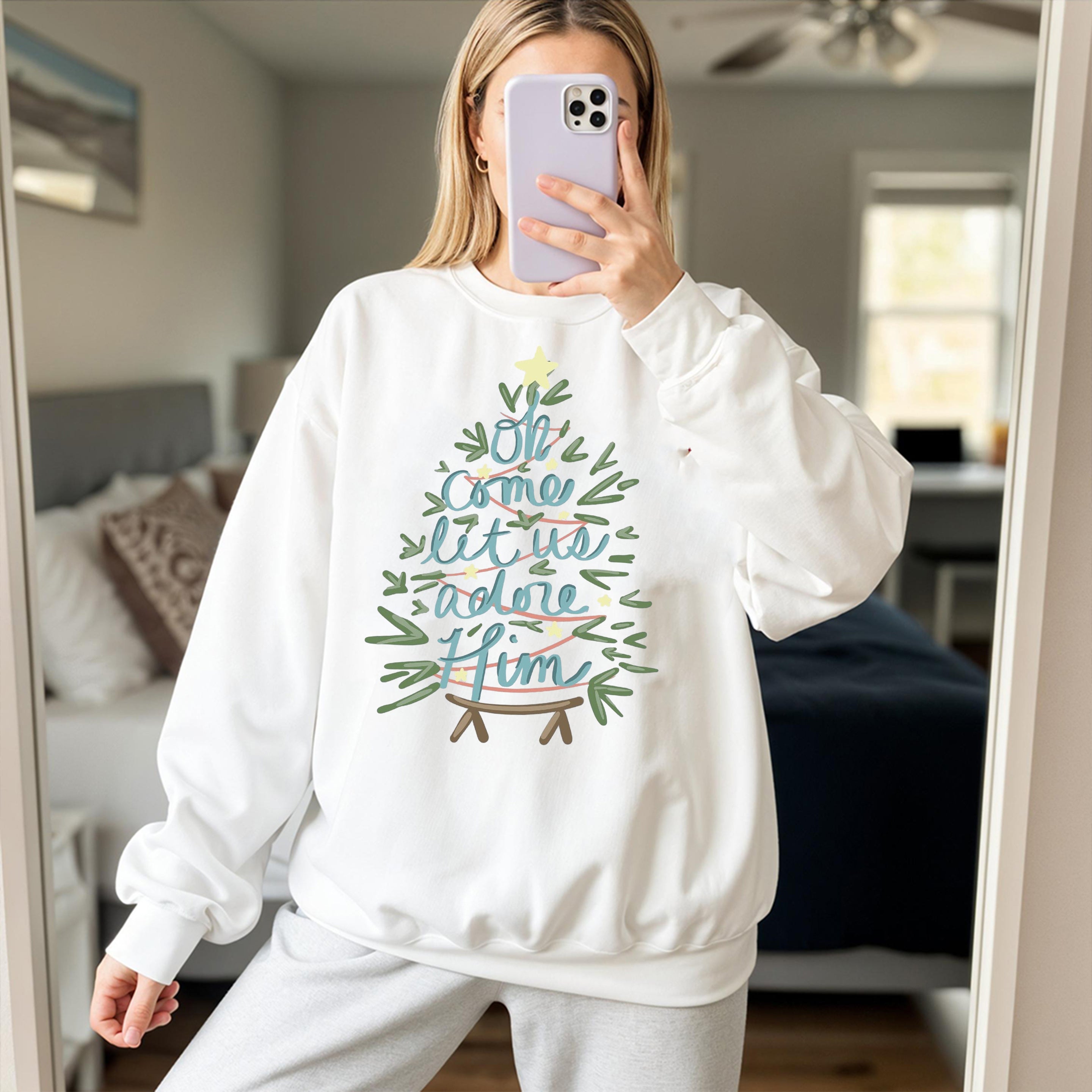 Christian Christmas Sweatshirt, Oh Come Let Us Adore Him Sweater, Religious Holiday Shirt, Faith Based Christmas Outfit for Women Men