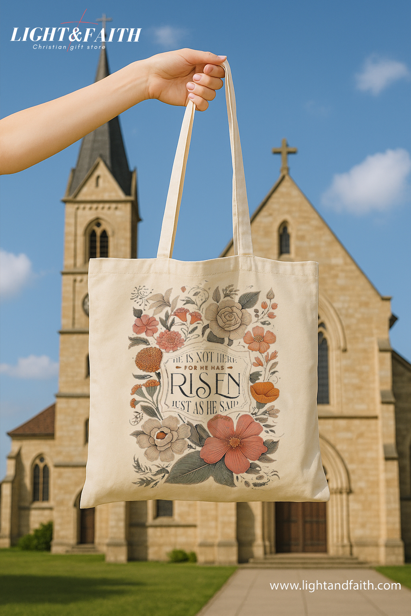 He Is Risen Tote Bag, Christian Floral Easter Tote, Resurrection Canvas Bag, Matthew 28:6 Bible Verse Tote, Faith-Based Gift for Women TBLAF54