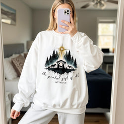 Christian Nativity Sweatshirt, The Greatest Gift of All Sweater, Matthew 1:21 Bible Verse Shirt, Religious Christmas Outfit, Faith Based Gift