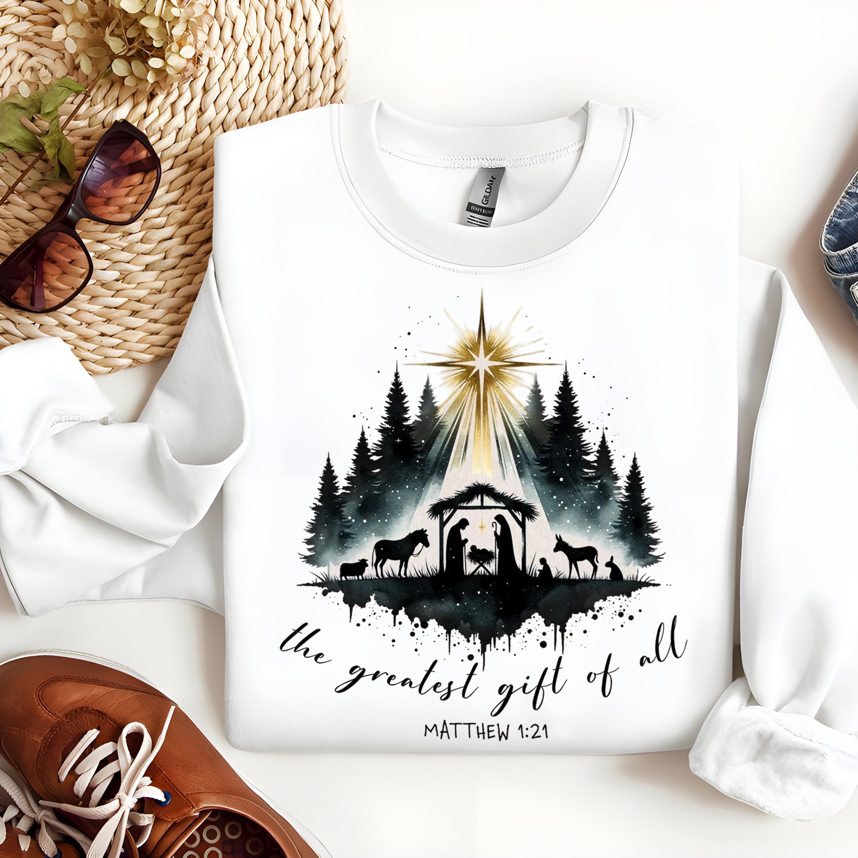 Christian Nativity Sweatshirt, The Greatest Gift of All Sweater, Matthew 1:21 Bible Verse Shirt, Religious Christmas Outfit, Faith Based Gift