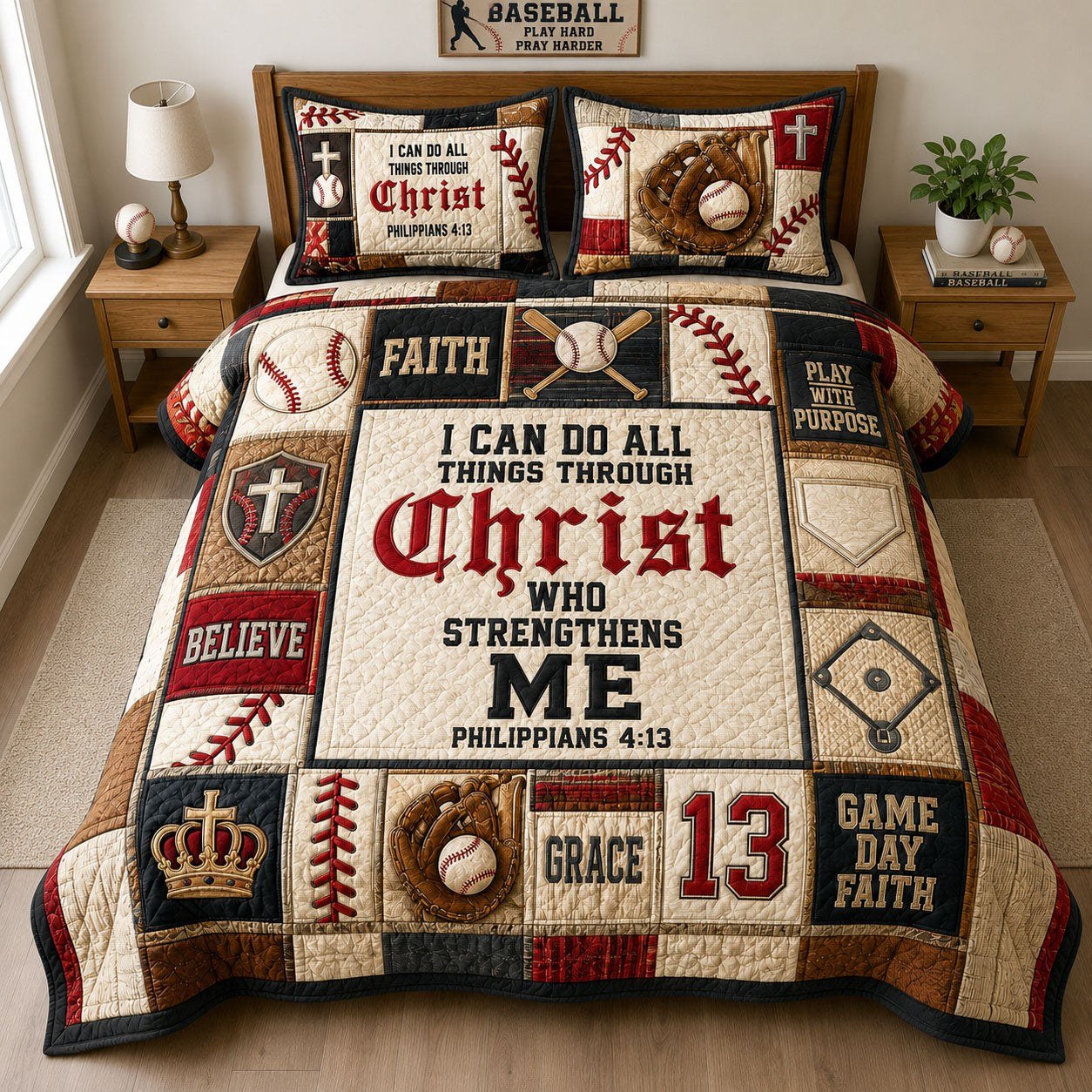 Christian Baseball Quilted Bedding Set, Western Quilted Blanket And Pillowcases, Personalized Bedding Set, Bedroom Decor LAFBED50