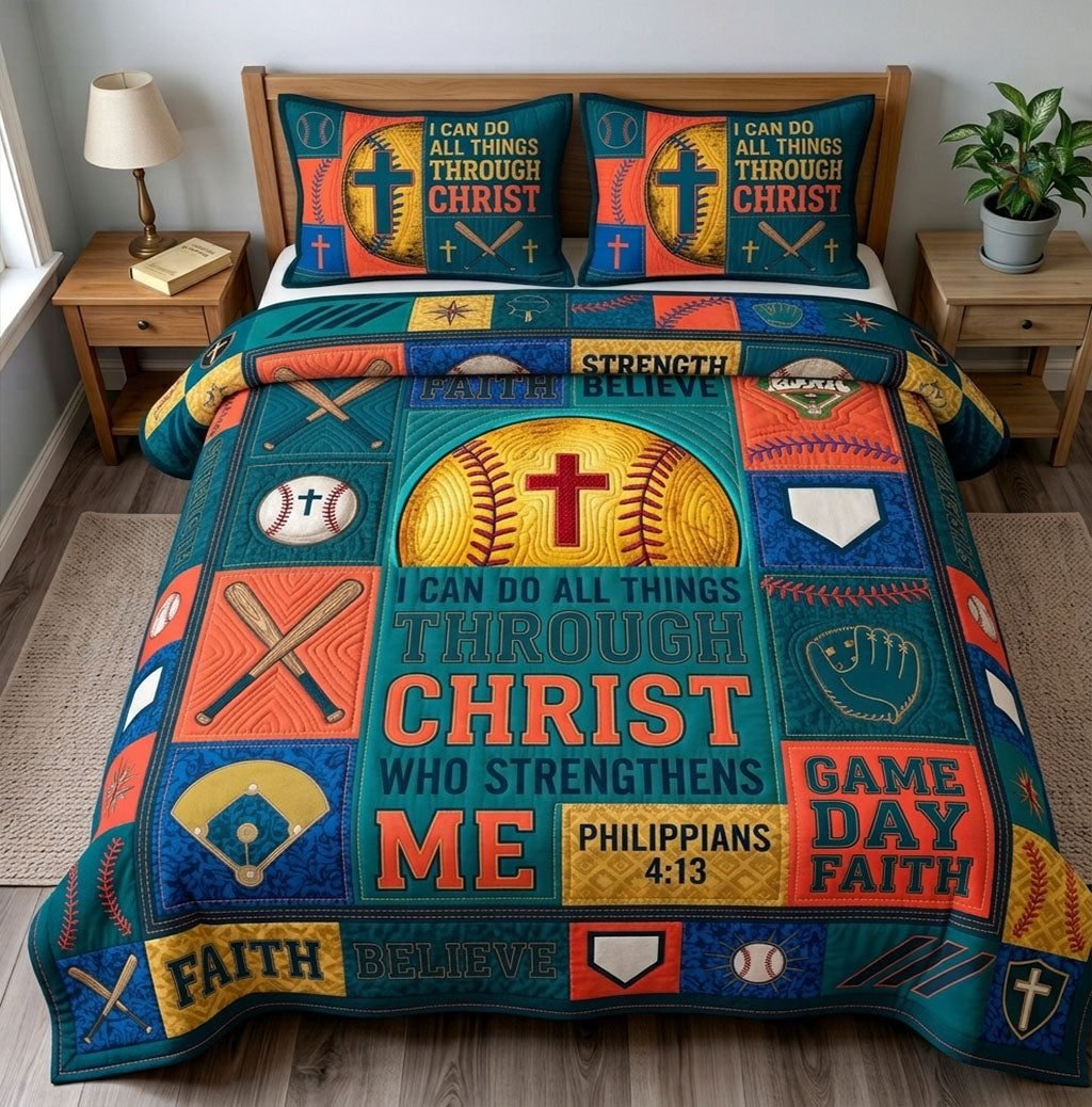 Baseball Faith Quilted Bedding Set, Christian Sports Quilted Blanket And Pillowcases, Personalized Bedding Set, Bedroom Decor LAFBED51