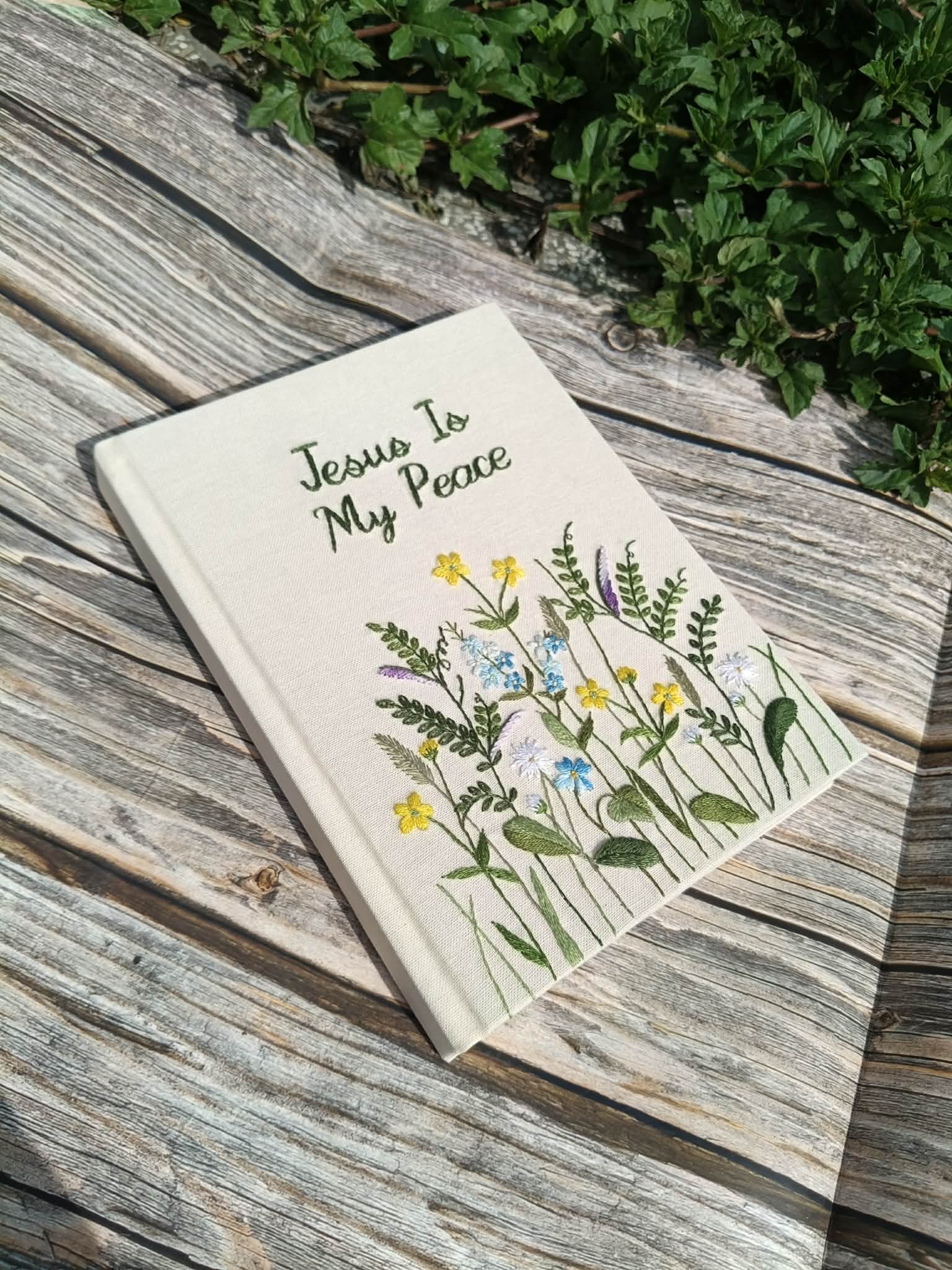 Personalized Jesus Is My Peace Hand-Embroidered Notebook, Handmade Floral Christian Fabric Notebook, Custom Diary, Bible Flower Notebook, Fabric Hard Cover Journal, Custom Notebook NB04