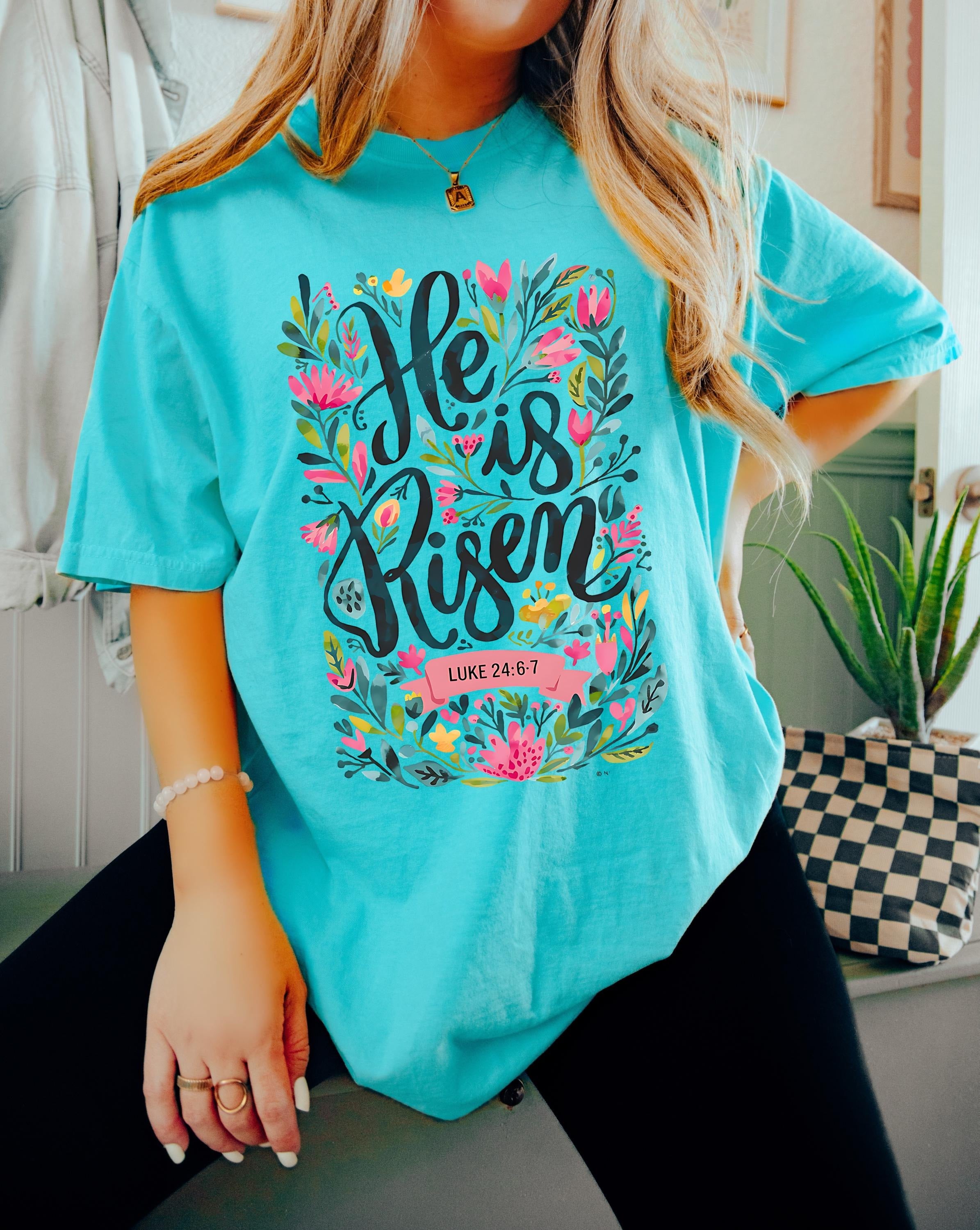 Comfort Colors® He Is Risen Easter Shirt, Floral Easter T-Shirt, Jesus Easter Tee for Women, Christian Easter Gift, Religious Apparel
