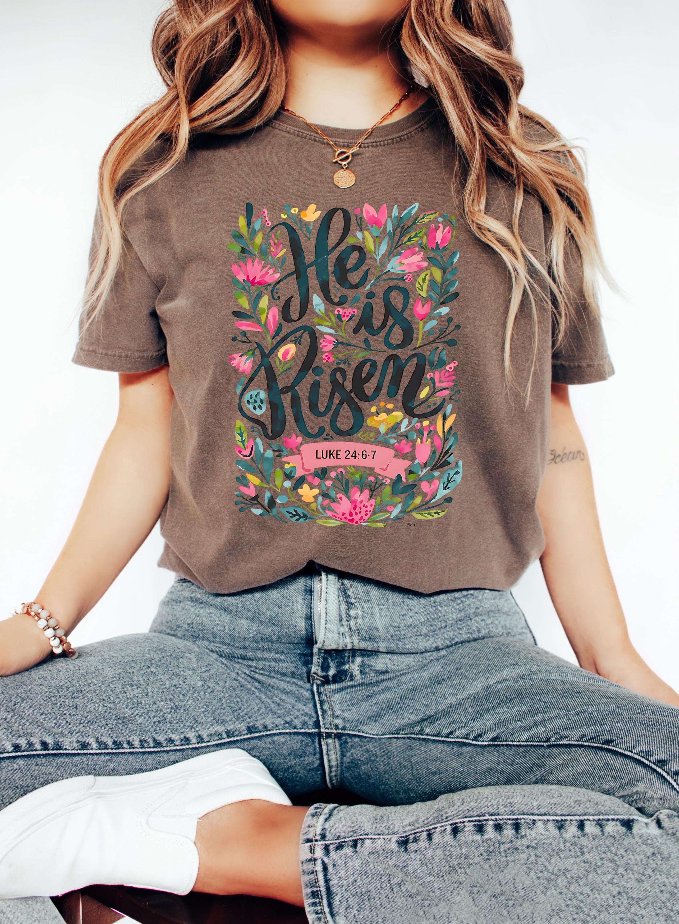 Comfort Colors® He Is Risen Easter Shirt, Floral Easter T-Shirt, Jesus Easter Tee for Women, Christian Easter Gift, Religious Apparel