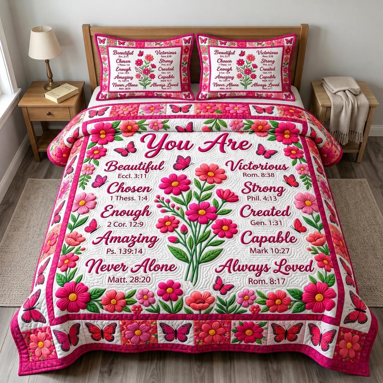 Floral Bible Verse Quilted Bedding Set, Christian Quilted Blanket And Pillowcases, Personalized Bedding Set, Bedroom Decor LAFBED52