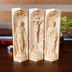 Catholic Home Altar with Ave Maria, Jesus Crucifix and St. Joseph, Rollable Wooden Triptych Catholic Religious Decor