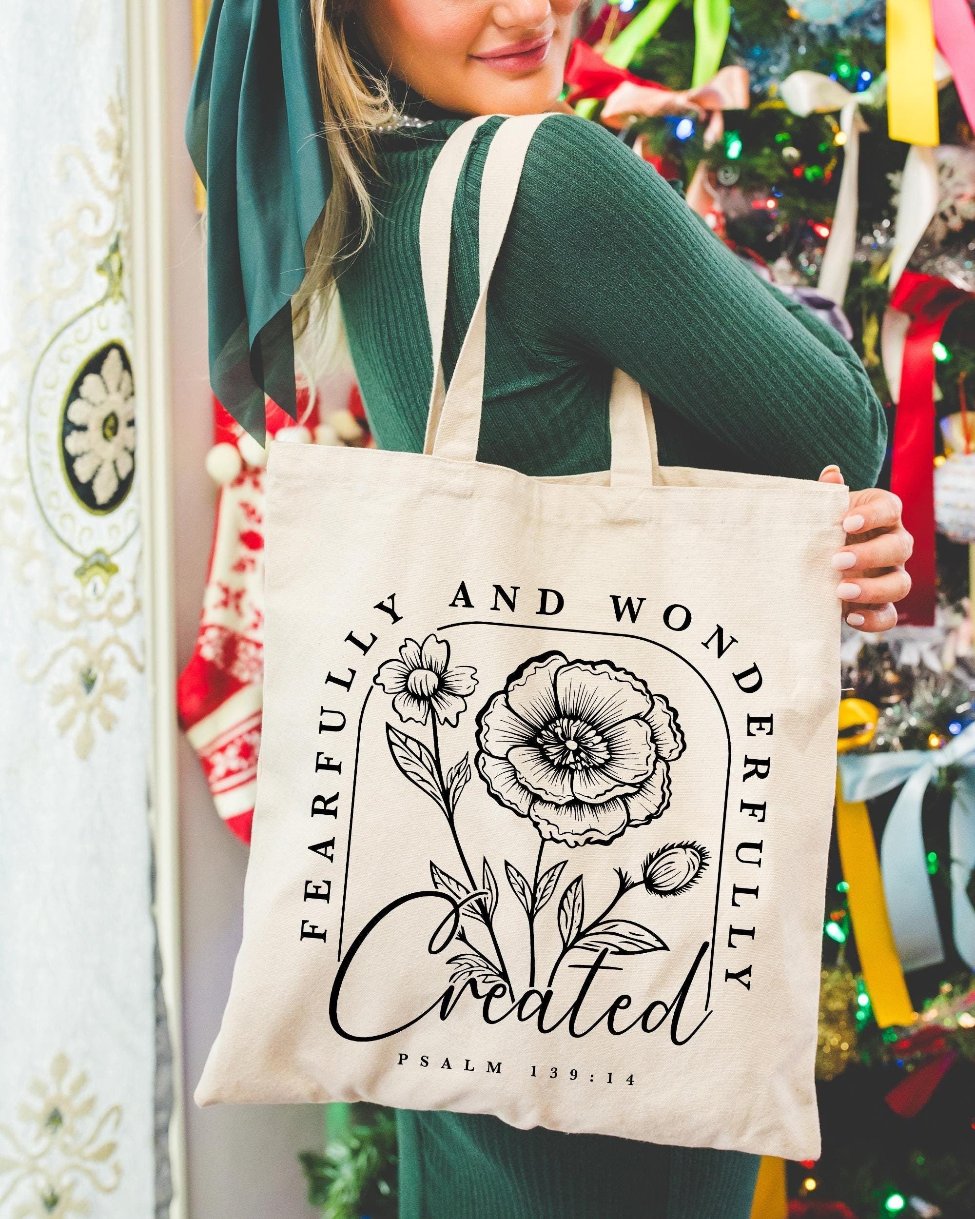 Christian Tote Bag – Fearfully and Wonderfully Made Canvas Bag – Religious Gift – Bible Verse Tote – Faith-Based Accessories – Christian Gifts for Women TBLAF06