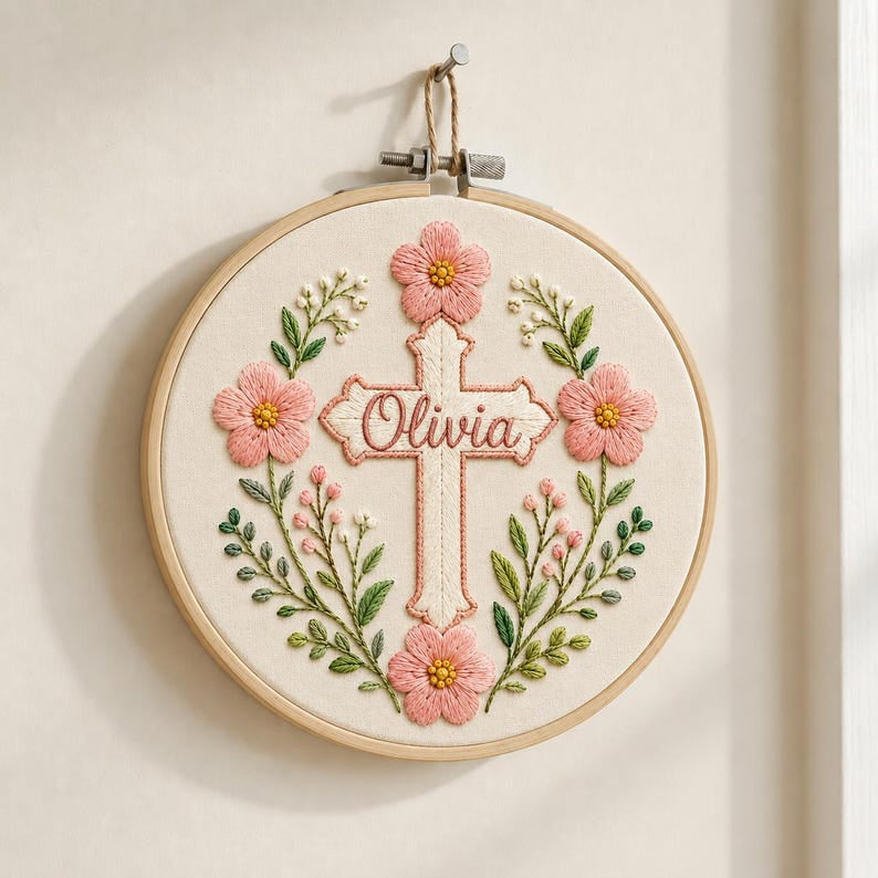 Personalized Floral Cross With Name Embroidery Hoop Art, Custom Name Christian Wall Decor, Baptism Gift, Pink Flower Religious Keepsake EH16