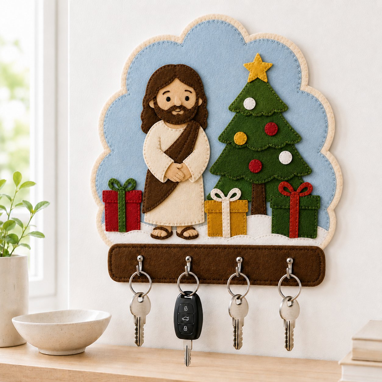 Jesus Christmas Wall Felt Key Holder, Christian Christmas Wall Key Rack, Handmade Catholic Home Decor, Religious Housewarming Gift, Felt Custom FELTHD05