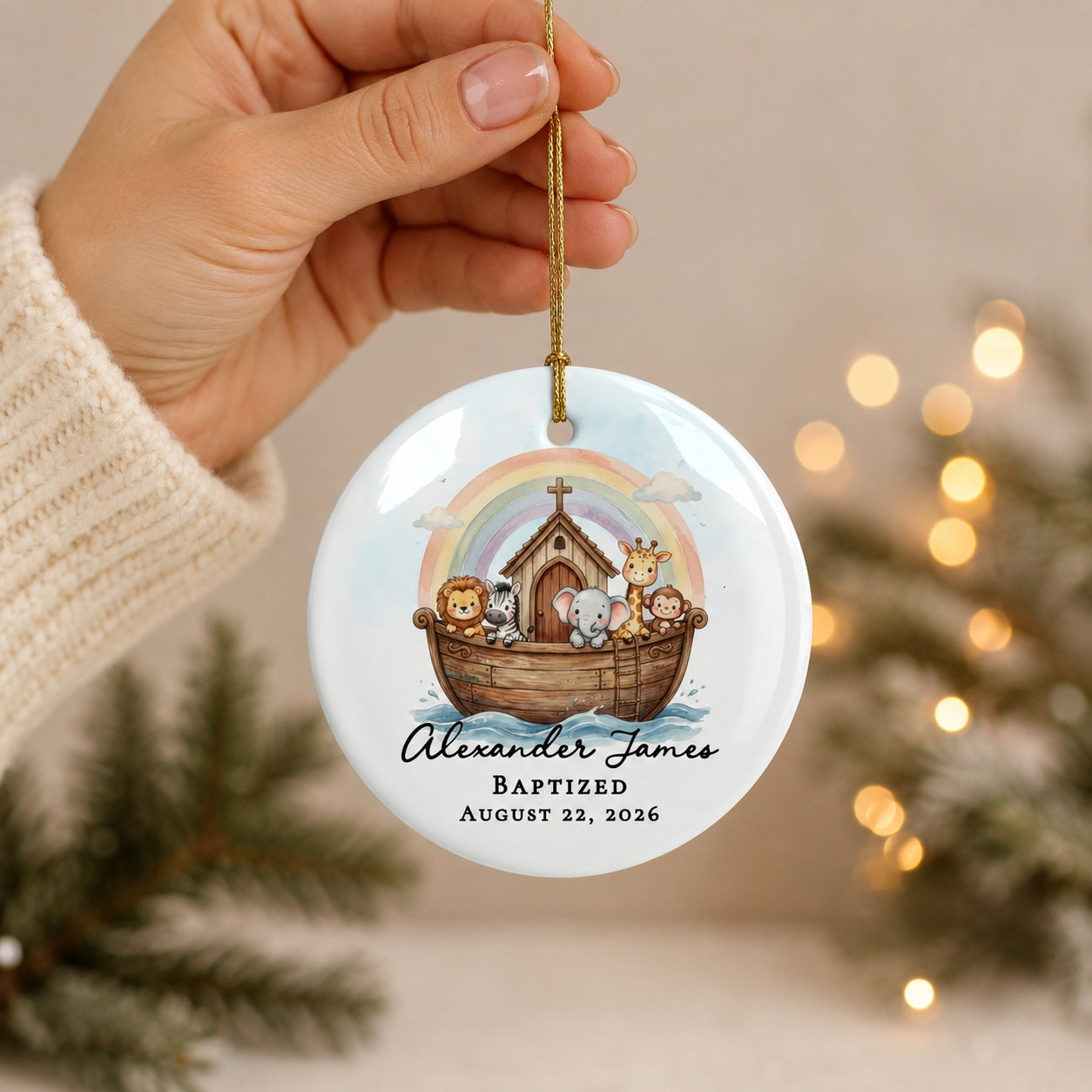 Personalized Noah's Ark Baptism Ceramic Ornament – Custom Baby Baptism Keepsake with Name & Date, Christian Christening Gift CRMO05