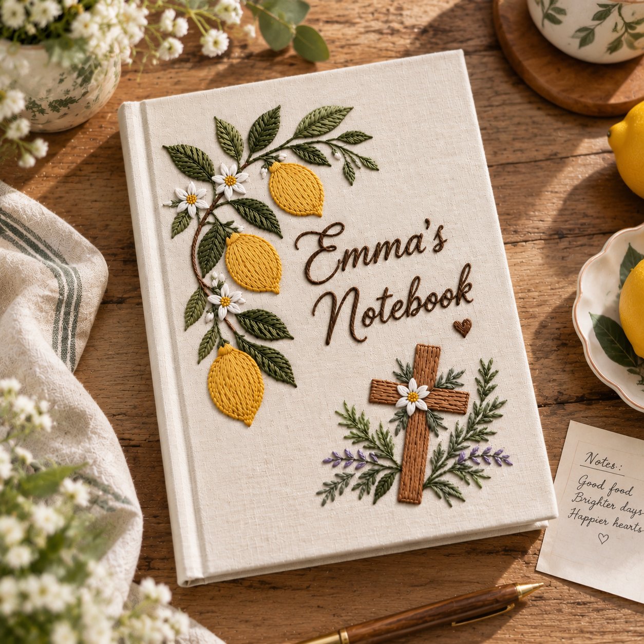 Personalized Floral Hand-Embroidery Notebook, Lemon Cross Christian Journal, Handmade Fabric Journal, Custom Name Bible Study Notebook, Faith Gift NB08