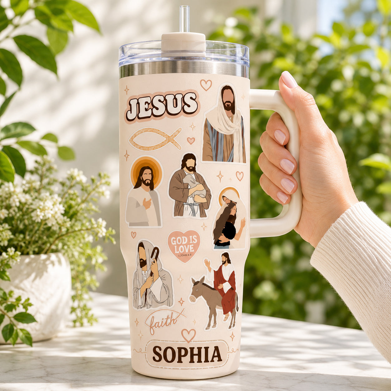 Personalized Christian 30oz/40oz Stainless Steel Tumbler with Handle, Jesus Faith Coffee Cup, Christian Aesthetic Travel Mug, Custom Faith Tumbler, Insulated Mug with Straw, Christian Gift TUMB05