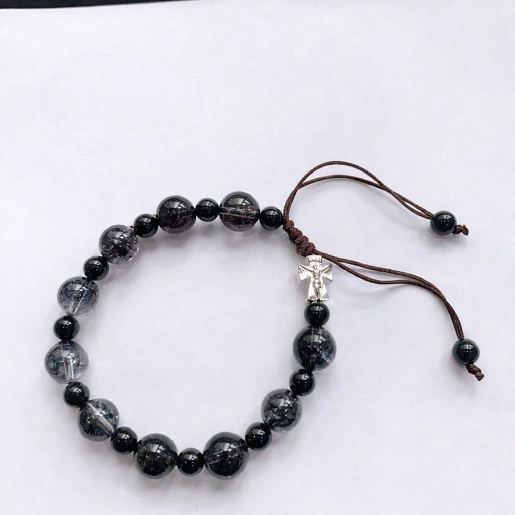 Black Phantom Quartz Rosary with Pure Silver Cross, Catholic Prayer Beads, Christian Faith Necklace, Durable Cord Religious Gift BGLAF04