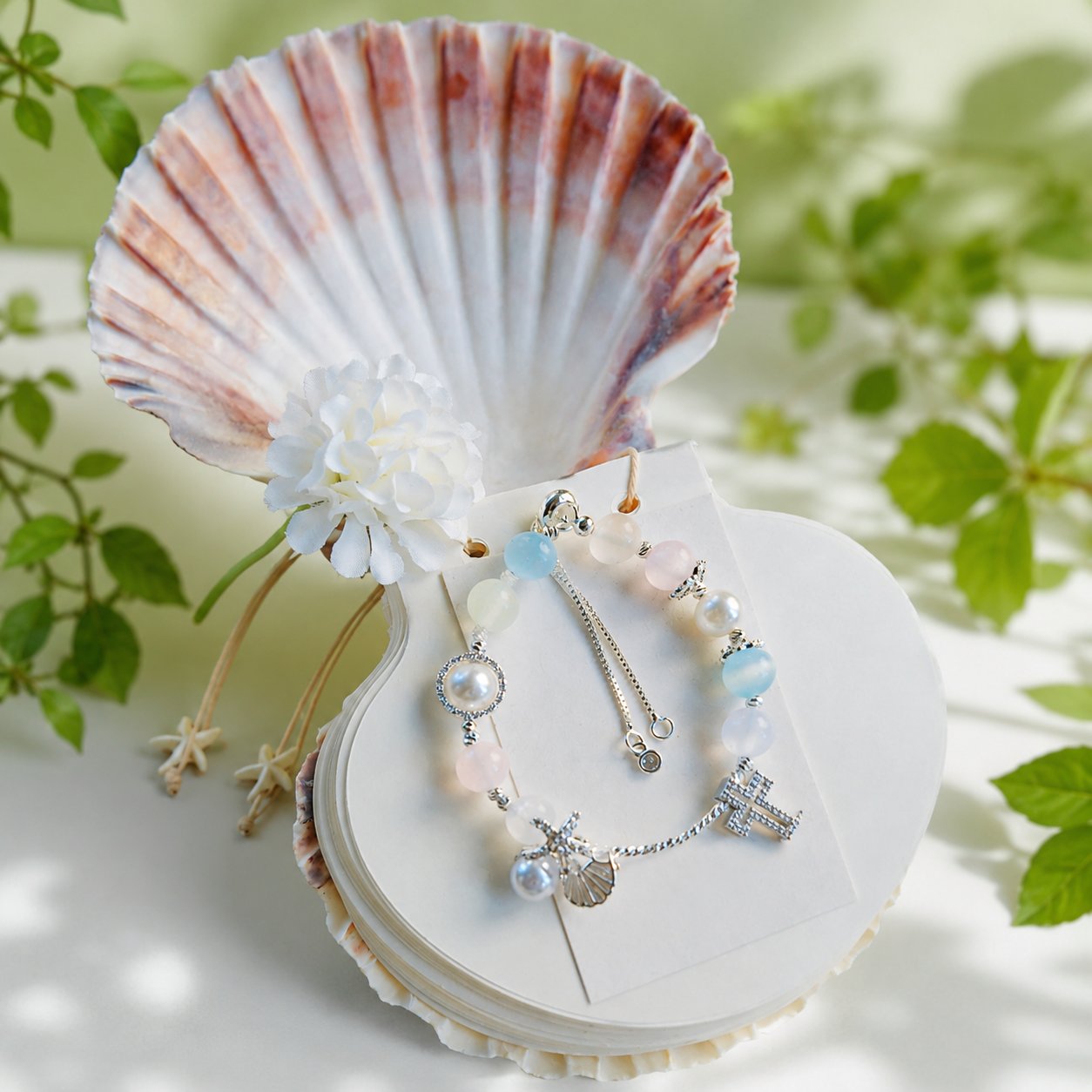 Catholic Pastel Beaded Cross Bracelet with Pearl, Shell and Crystal Charms, Christian Religious Jewelry Gift for Women, Baptism Confirmation First Communion Gift VTBR04