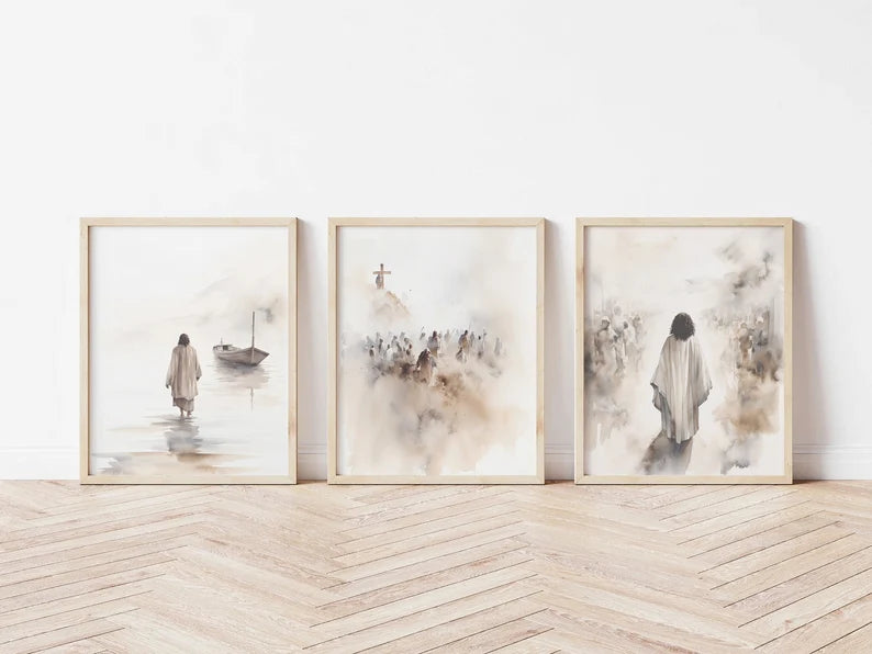 Set of 3 Jesus Art Prints, Jesus Walking on Water, Cross Crucifixion, Jesus print, Jesus Boho Art PTLAF017