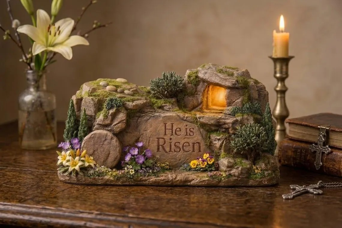 Christian Easter Wooden Sign, He Is Risen Tomb Scene, Faith Table Display, Religious Home Gift