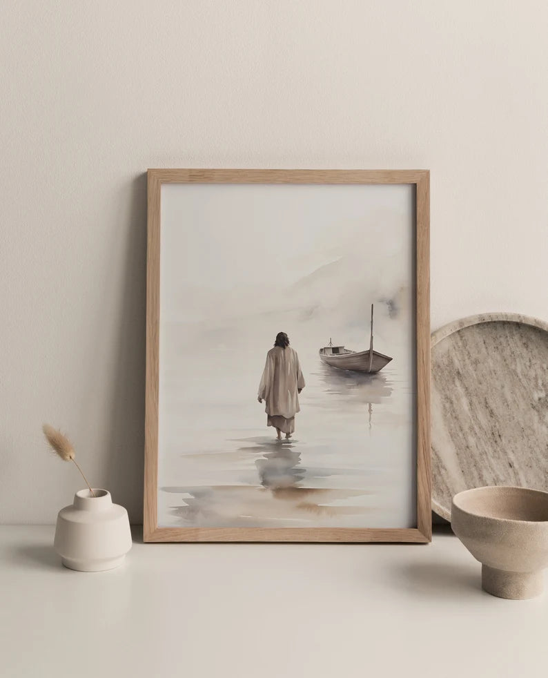 Set of 3 Jesus Art Prints, Jesus Walking on Water, Cross Crucifixion, Jesus print, Jesus Boho Art PTLAF017
