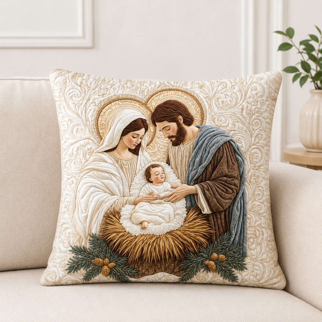 Holy Family Quilted Pillow Case, Baby Jesus Mary Joseph Pillow Cover, Catholic Christian Home Decor, Religious Christmas Gift QPILLOW04