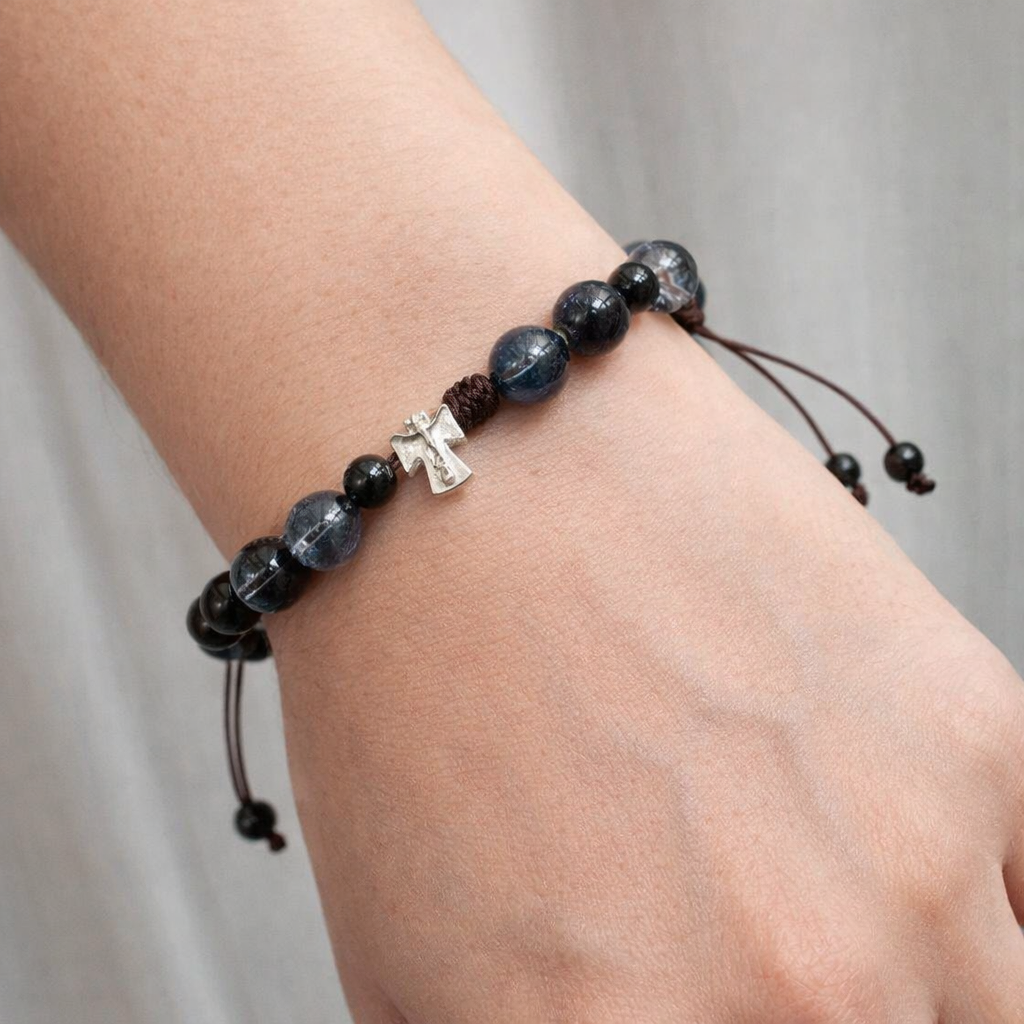 Black Phantom Quartz Rosary with Pure Silver Cross, Catholic Prayer Beads, Christian Faith Necklace, Durable Cord Religious Gift BGLAF04