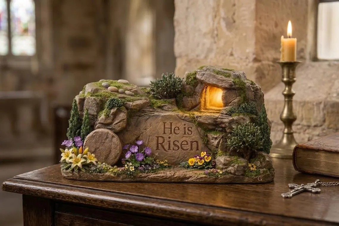 Christian Easter Wooden Sign, He Is Risen Tomb Scene, Faith Table Display, Religious Home Gift