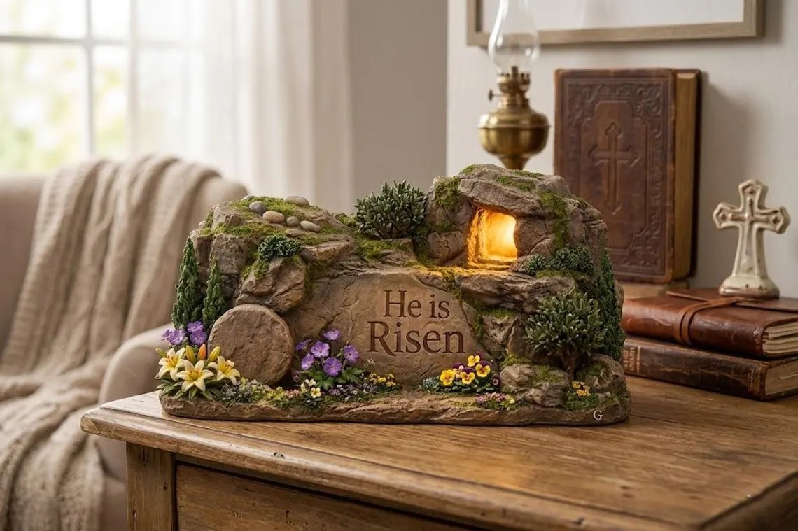 Christian Easter Wooden Sign, He Is Risen Tomb Scene, Faith Table Display, Religious Home Gift