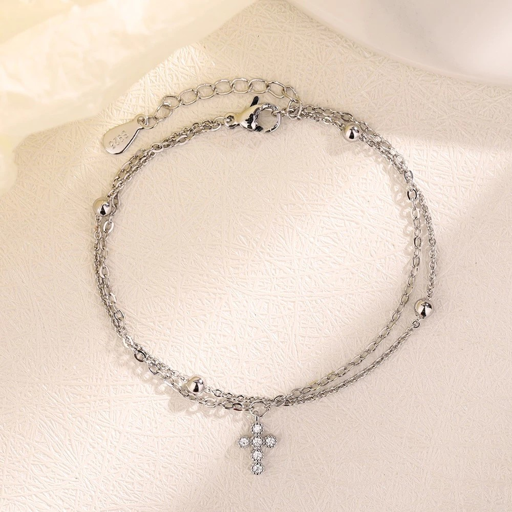 Layered Silver Cross Bracelet for Women, Adjustable Christian Bracelet, Catholic Faith Jewelry, Elegant Religious Gift, Minimalist Rosary Style Bracelet