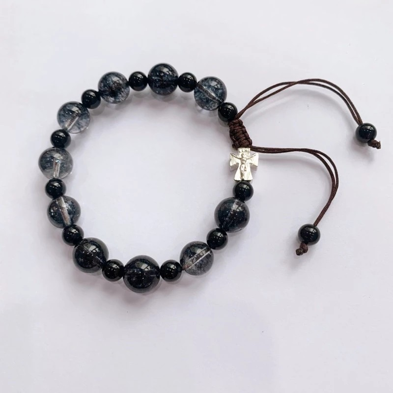 Black Phantom Quartz Rosary with Pure Silver Cross, Catholic Prayer Beads, Christian Faith Necklace, Durable Cord Religious Gift BGLAF04