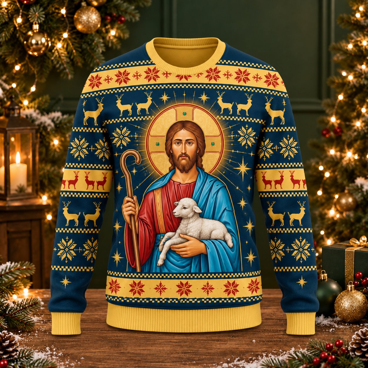 Jesus and Lamb Ugly Christmas Sweater, Good Shepherd Christian Holiday Sweatshirt, Religious Xmas Pullover, Faith Gift Shirt, Holiday Family Shirt XMASUS05