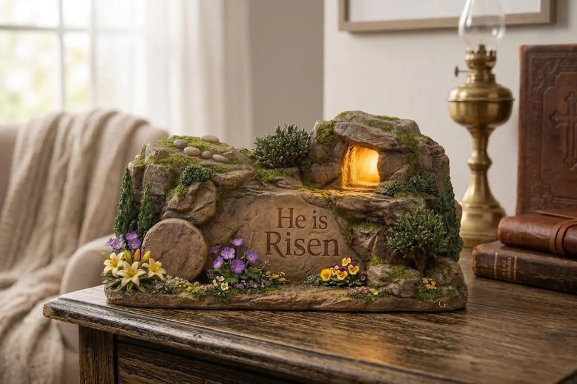 Christian Easter Wooden Sign, He Is Risen Tomb Scene, Faith Table Display, Religious Home Gift