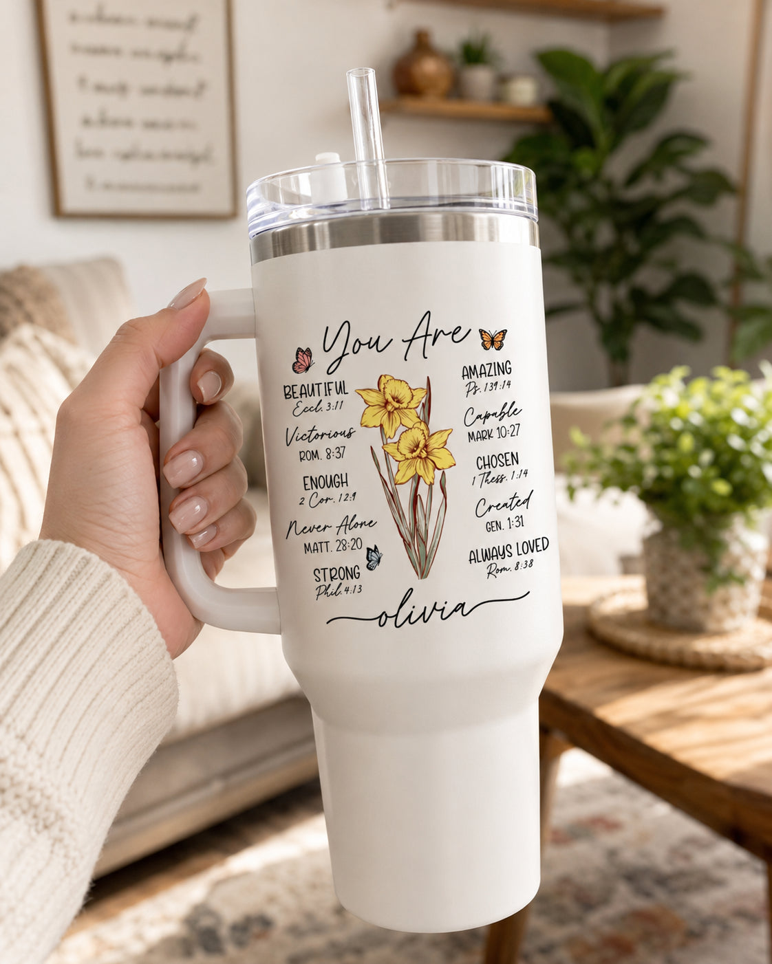 Personalized Birth Flower - Christian Tumbler with Handle, Custom Name Bible Verse Insulated Travel Cup, Flower Bible Tumbler, Faith Gift for WomenLAFN07
