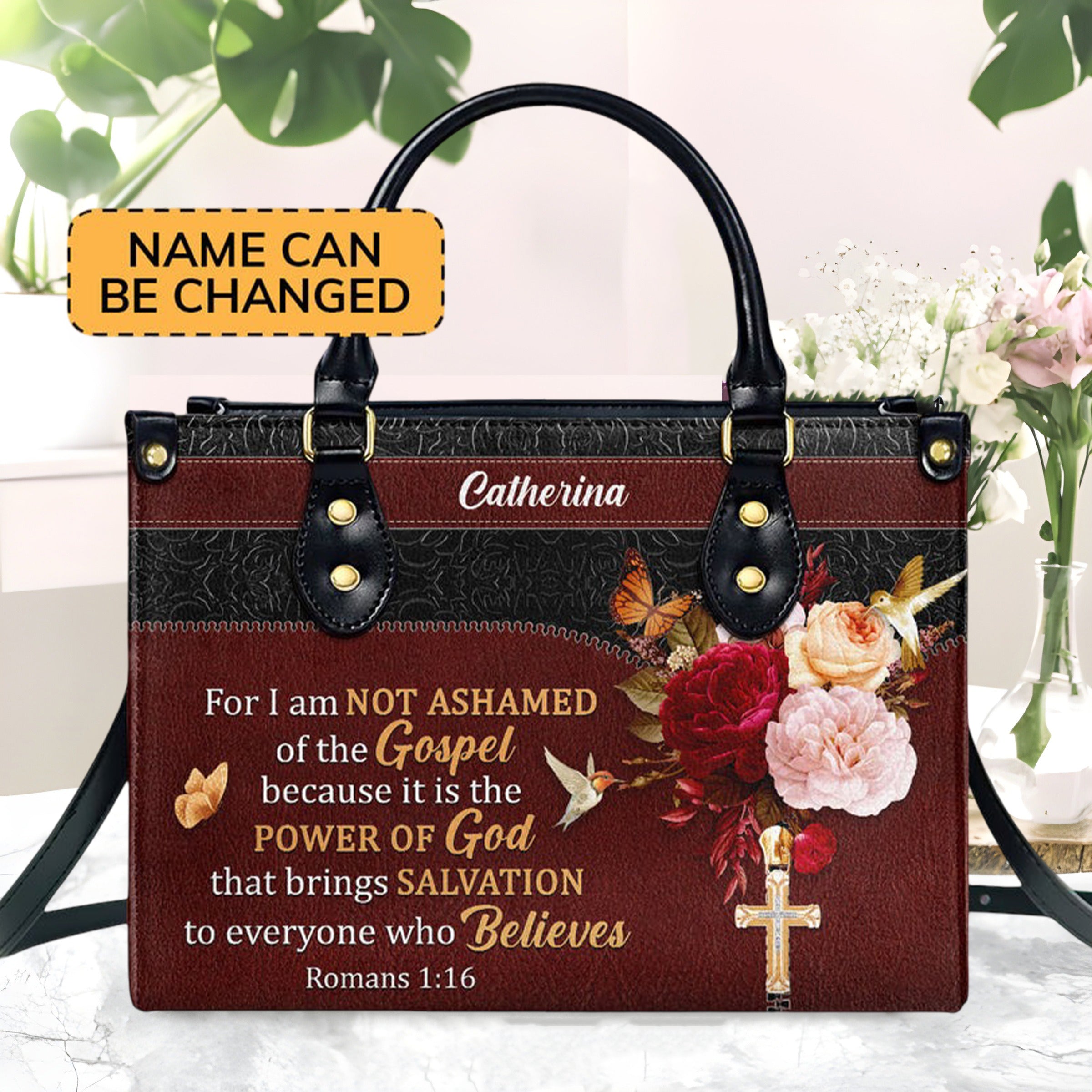 Personalized Christian Leather HandBag with Bible Verse Romans 1:16, Custom Name Handbag, Faith Religious Gift for Women BLAF18
