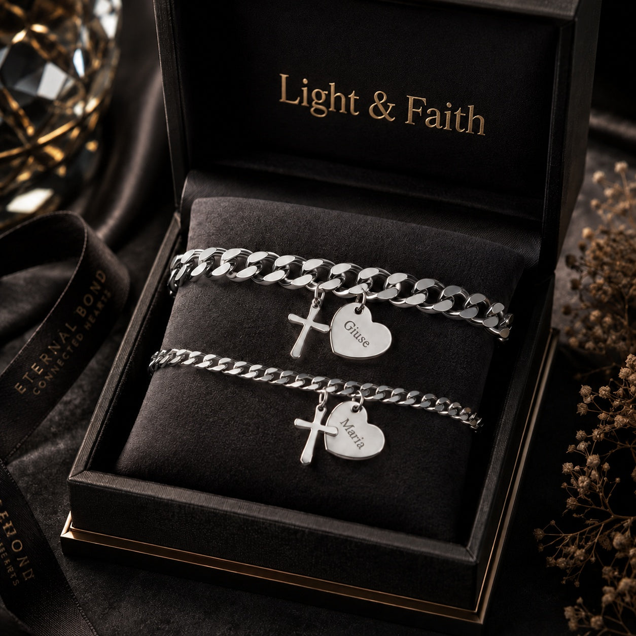 Set 2Pcs Personalized Couple Chain Bracelets With Cross Charm, Custom Couple Bracelet, Matching Stainless Steel Faith Jewelry Gift, Gift For Her/Him BRLAF07