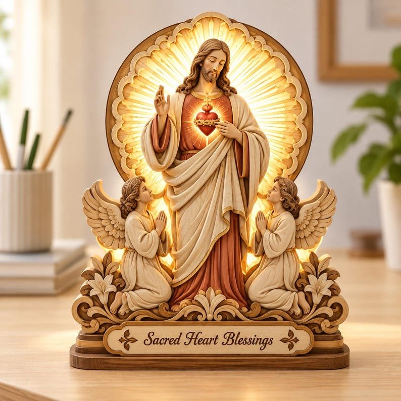 Sacred Heart Jesus Wooden Decor, Christian Religious Home Decoration, Catholic Faith Desk Art, Jesus Blessings Shelf Sitter, Spiritual Gift WSXM05