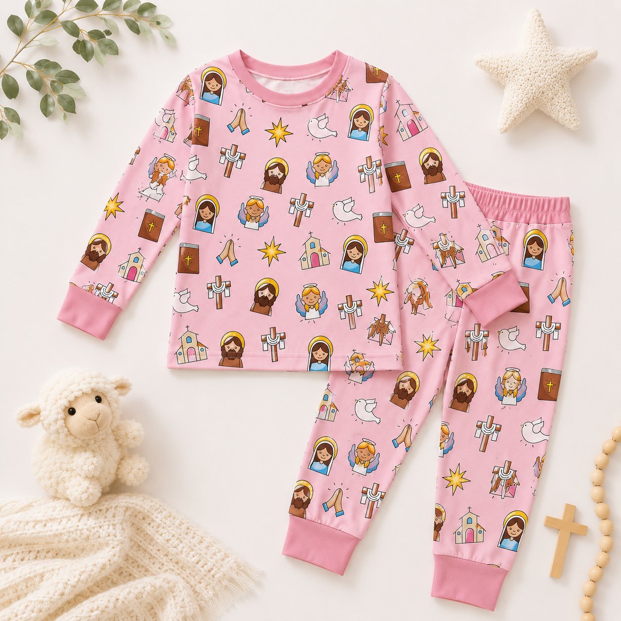 Catholic Faith Bamboo Baby Kids Pajamas Set, Jesus Mary Angel Christian PJs, Pink Toddler Sleepwear, Religious Gift BBPJSS03