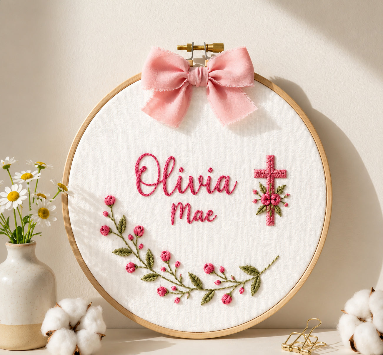 Personalized Hand Embroidered Baptism With Cross Hoop Art, Baby Hoop Art, Custom Baby Name and Baptism Date, Floral Christian Keepsake EHA33