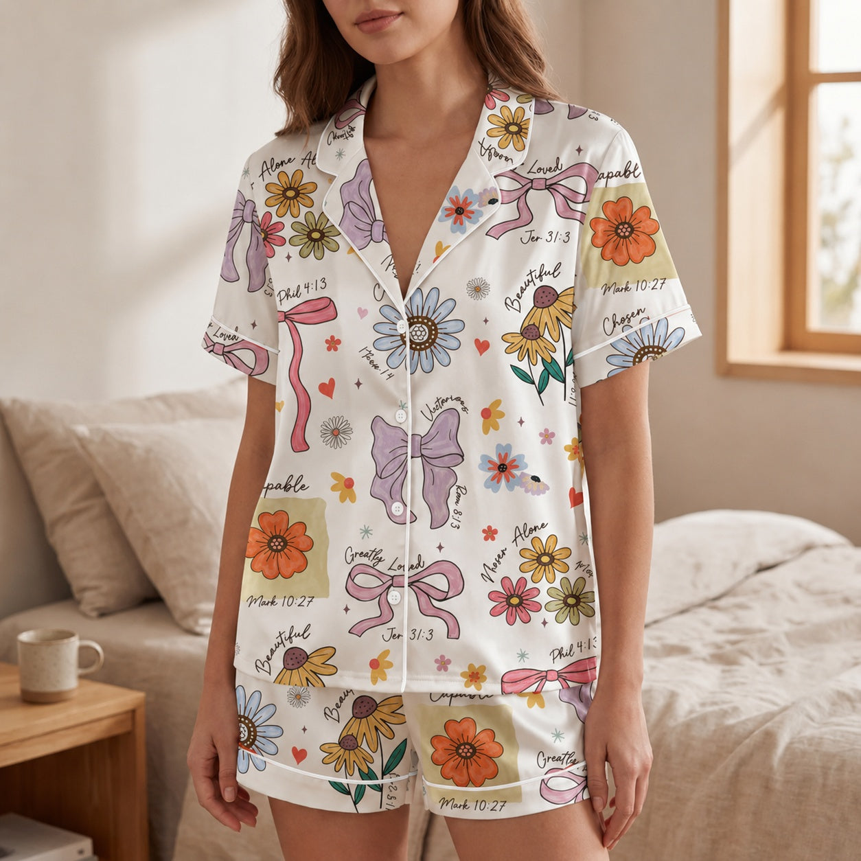 Christian Floral Pajama Set, Bible Verse Flower Sleepwear, Faith Bow Pajama Shorts Set, Inspirational Gift for Women PJS05