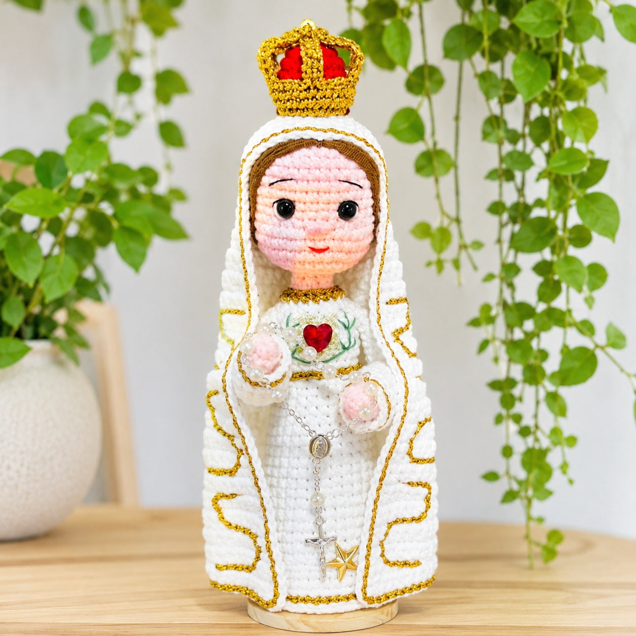 Our Lady of Fatima Doll - Handmade Crochet, Virgin Mary Doll with Rosary, Our Lady Amigurumi Plush, Religious Faith Gift, Religious Keepsake Baptism Gift, Prayer Room Decor CR05