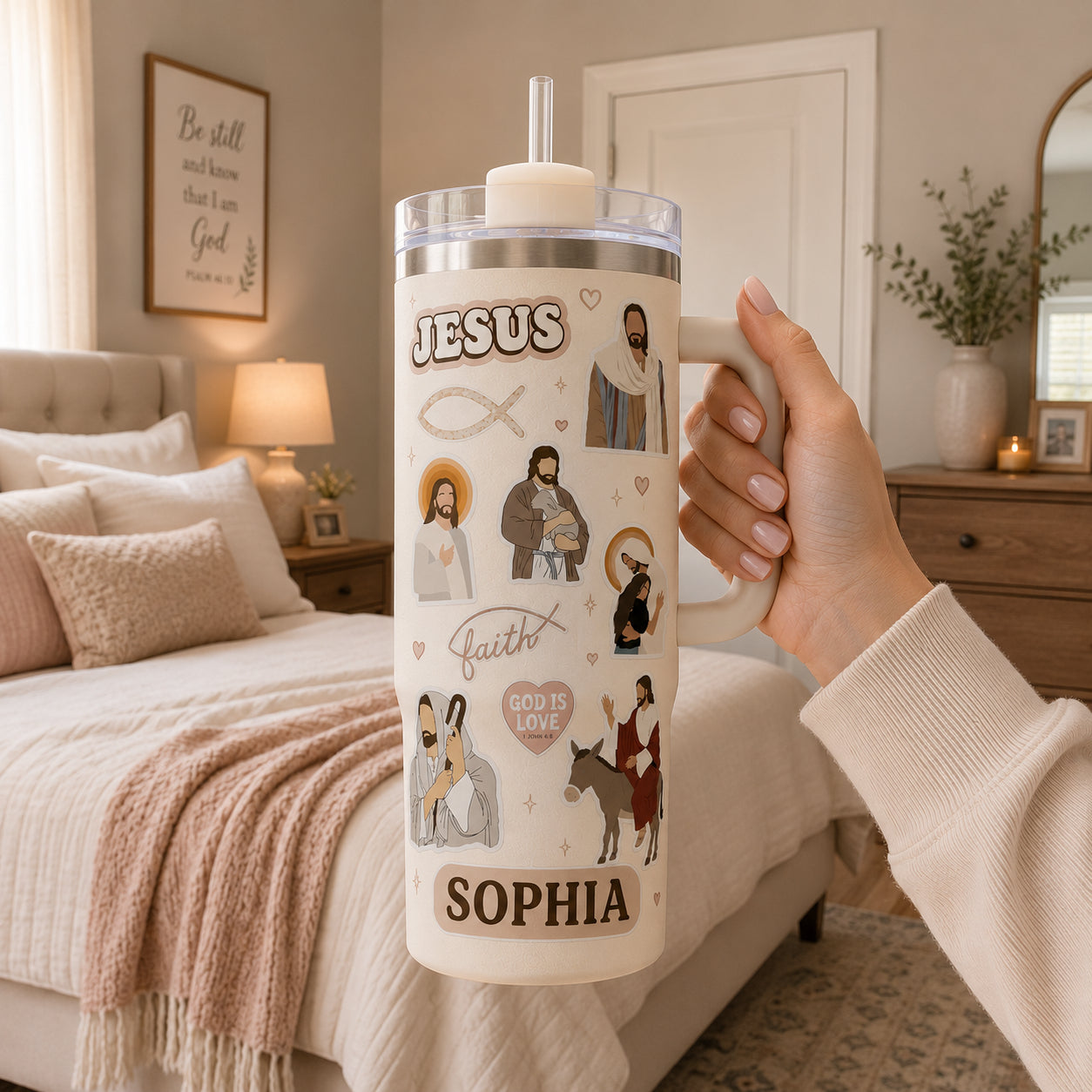 Personalized Christian 30oz/40oz Stainless Steel Tumbler with Handle, Jesus Faith Coffee Cup, Christian Aesthetic Travel Mug, Custom Faith Tumbler, Insulated Mug with Straw, Christian Gift TUMB05