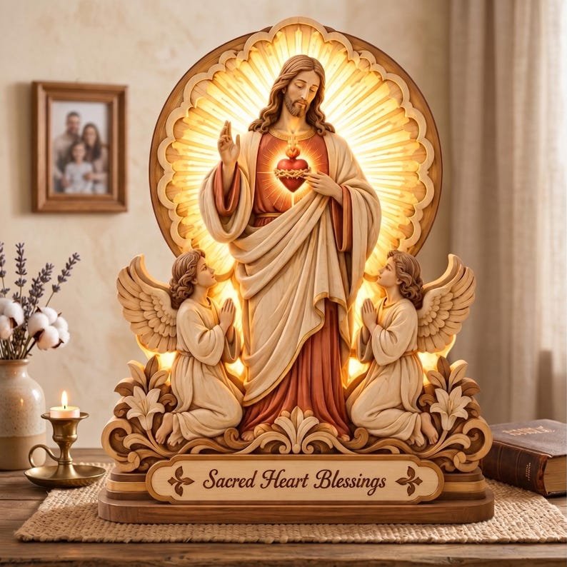 Sacred Heart Jesus Wooden Decor, Christian Religious Home Decoration, Catholic Faith Desk Art, Jesus Blessings Shelf Sitter, Spiritual Gift WSXM05