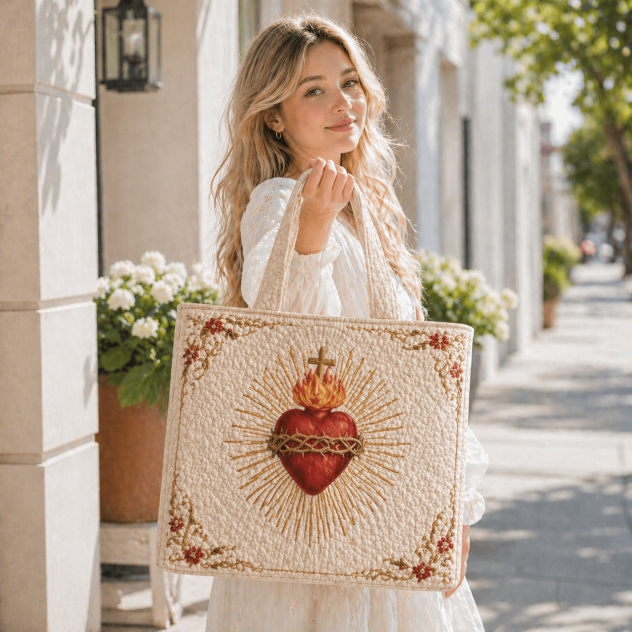 Sacred Heart of Jesus Quilted Tote Bag, Christian Tote Bag, Catholic Religious Shoulder Bag with Floral, Faith Inspired Gift for Women QTTB04