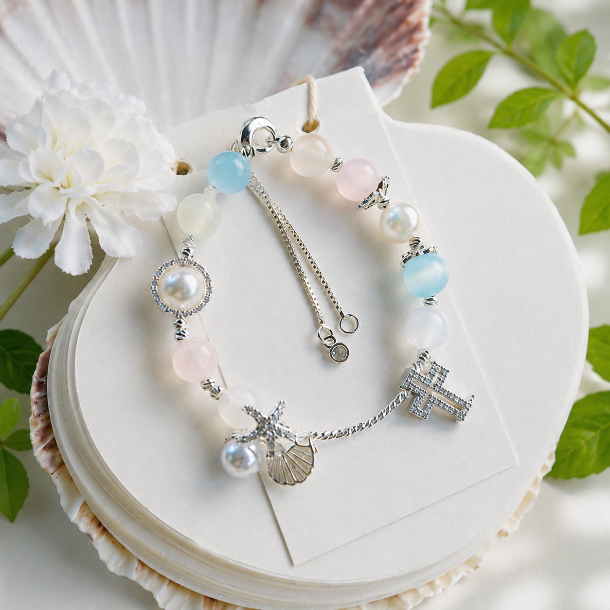 Catholic Pastel Beaded Cross Bracelet with Pearl, Shell and Crystal Charms, Christian Religious Jewelry Gift for Women, Baptism Confirmation First Communion Gift VTBR04
