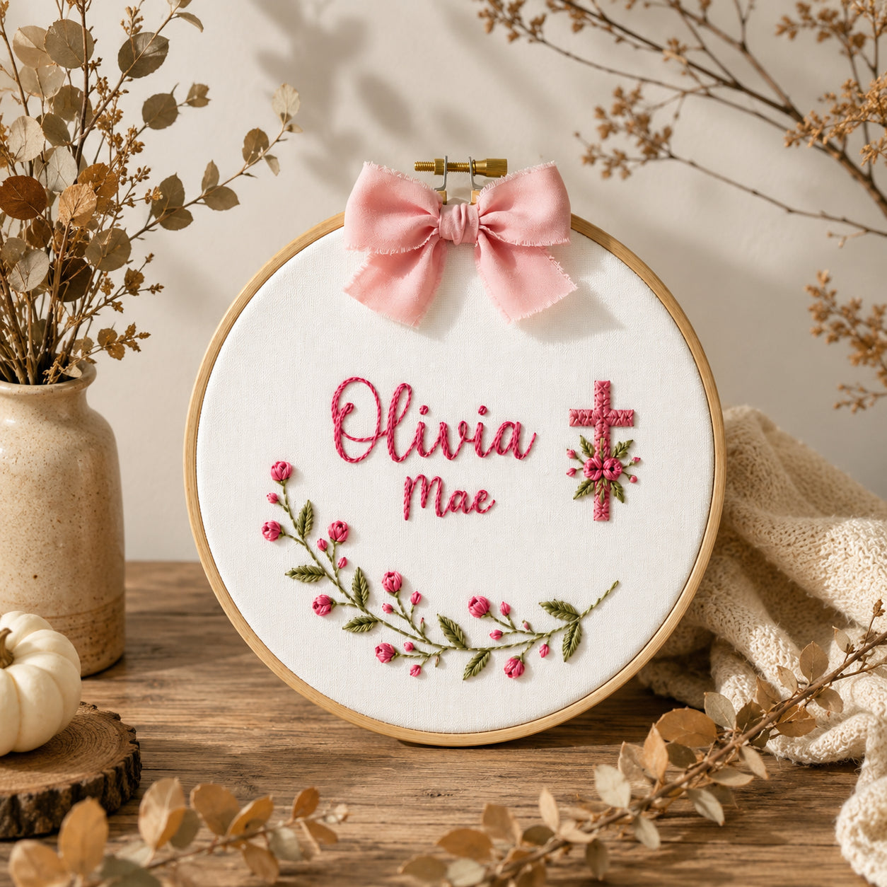 Personalized Hand Embroidered Baptism With Cross Hoop Art, Baby Hoop Art, Custom Baby Name and Baptism Date, Floral Christian Keepsake EHA33