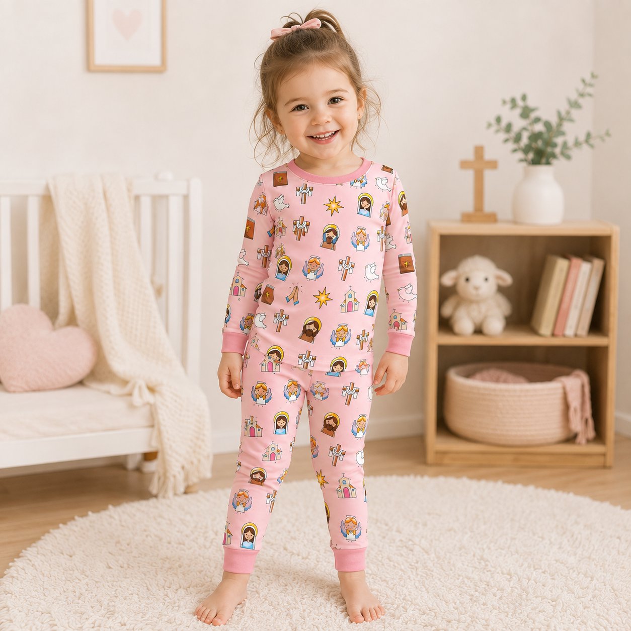 Catholic Faith Bamboo Baby Kids Pajamas Set, Jesus Mary Angel Christian PJs, Pink Toddler Sleepwear, Religious Gift BBPJSS03