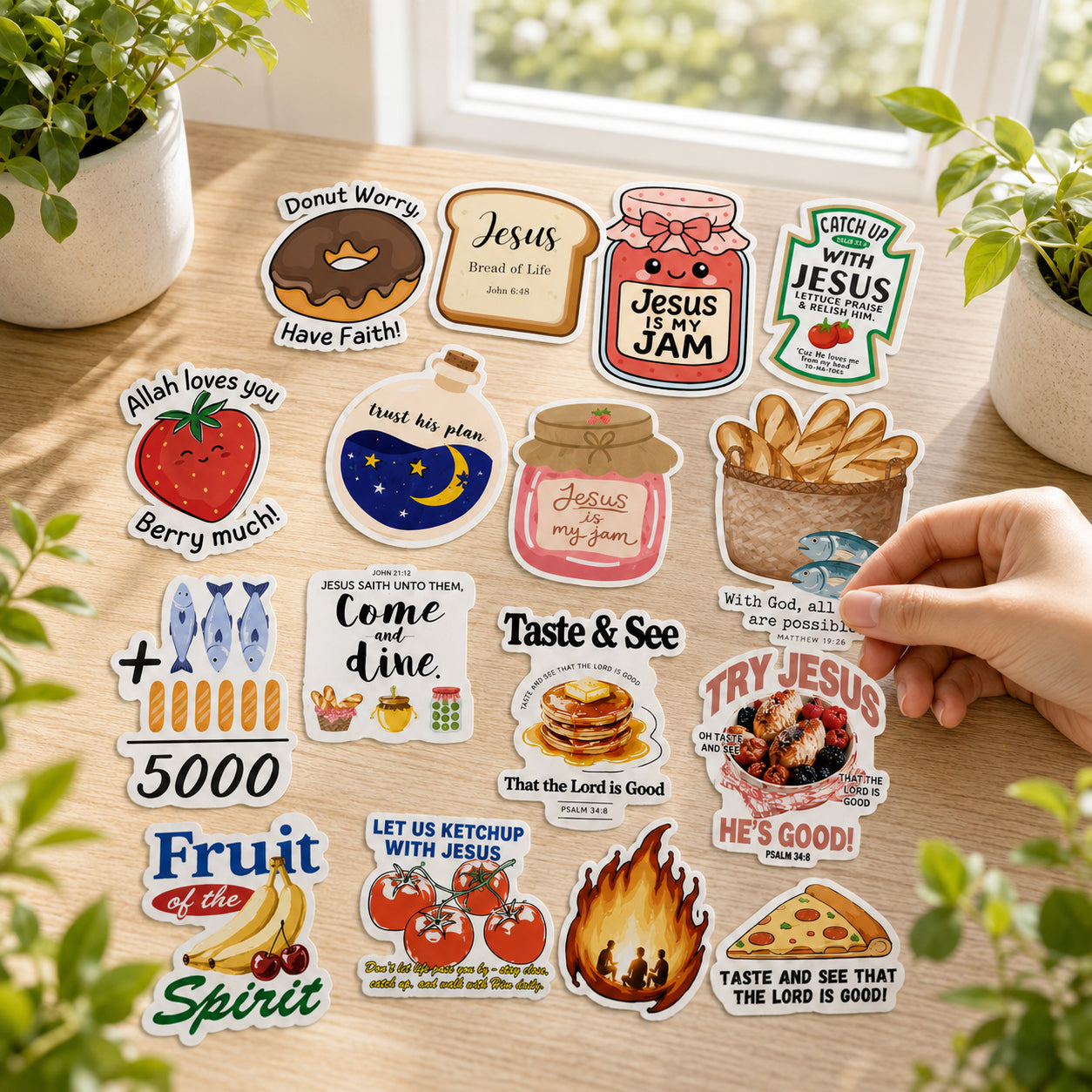 Cute Jesus Food Theme Stickers, Christian Bible Verse Pun Sticker Set, Prayer Journal, Scrapbooking, Laptop, Water Bottle & Church Gifts ST05